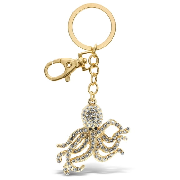 Aqua79 Octopus Keychain - Gold 3D Sparkling Charm Rhinestones Fashionable Stylish Metal Alloy Durable Key Ring Bling Crystal Jewelry Accessory With Clasp For Key Chain, Purse, Bag, Backpack, Handbag