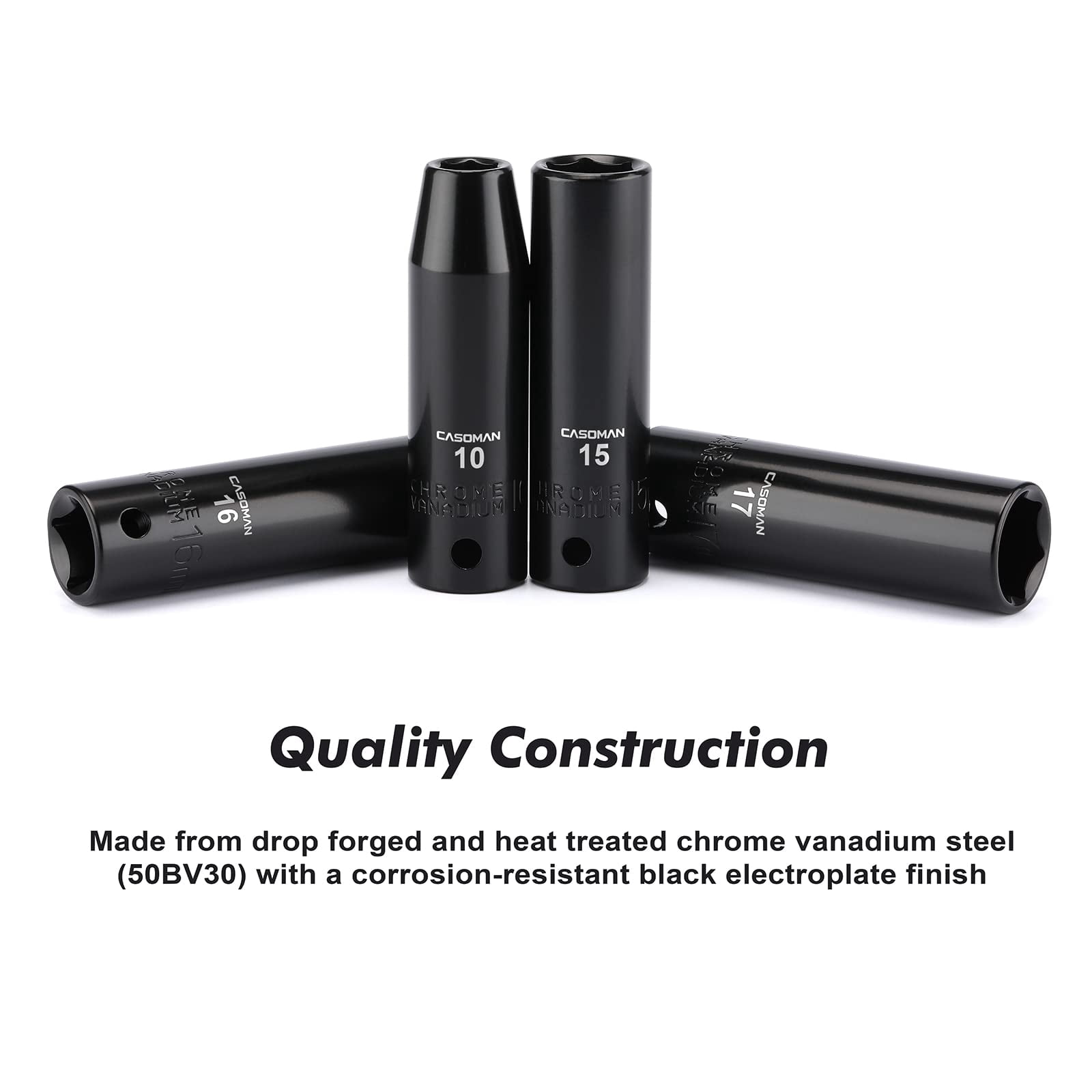 CASOMAN 14-Piece 1/2-inch Drive Deep Impact Socket Set, 10mm-24mm, 6-Point, Metric, Cr-V