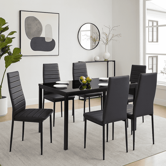 Anchorhome 7-Piece Glass Dining Set, Modern Kitchen Table Furniture for Dining Room, Dinette, Compact Space-Saving w/Glass Tabletop, 6 Upholstered PU Chairs, Metal Steel Frame, Black