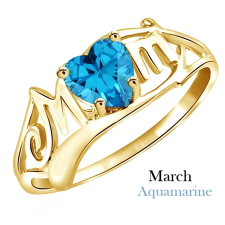 Heart Shaped Simulated Blue Aquamarine CZ Mom Heart Ring in 14K Yellow Gold Over Sterling Silver (0.50 Cttw) By Jewel Zone US