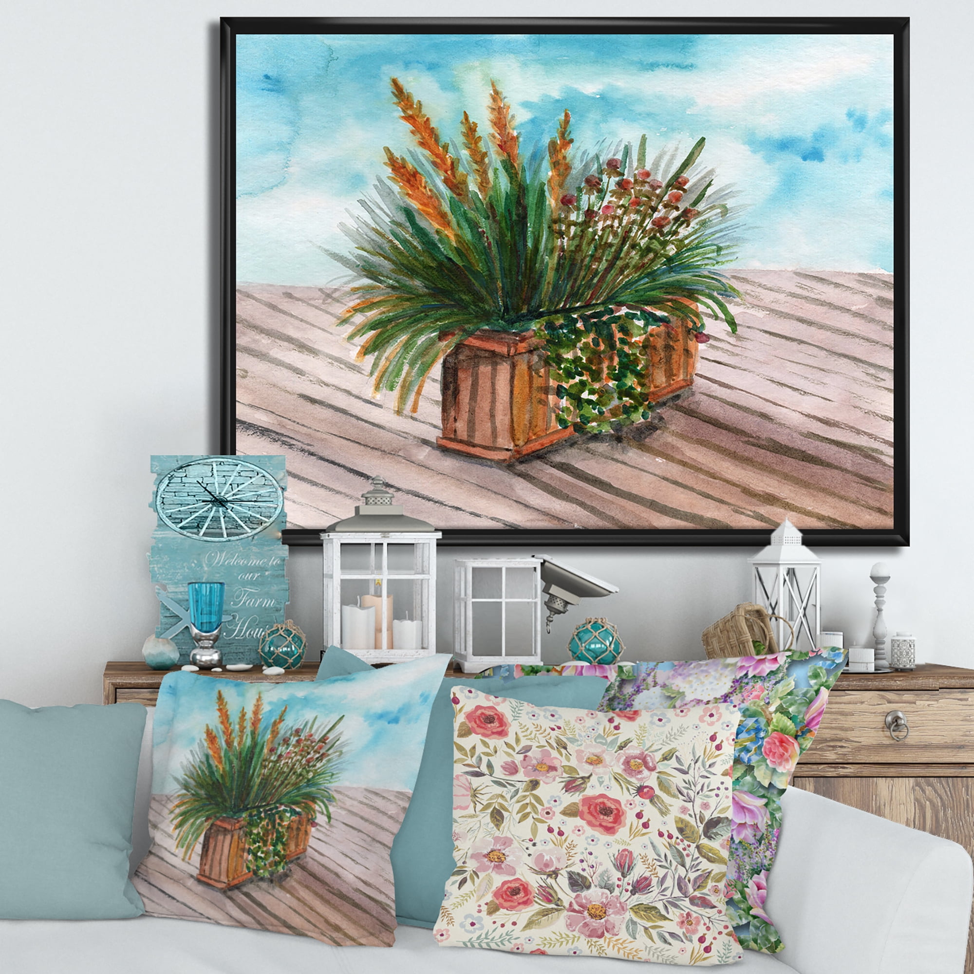 Designart 'Green Stems With Yellow Spikelets of Houseplant' Traditional Framed Canvas Wall Art Print