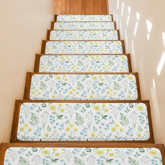 Yellow Wildflowers Stair Treads Non Slip for Steps Rustic Yellow Blue Floral Leaf 4 Pcs Reusable Adhesive Stair Runner Mats for Dogs Elders Carpet Treads Rugs for Staircase 8x30 In