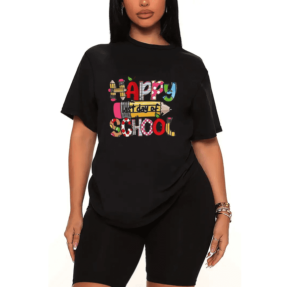 Womens 2 Piece Oversized Lounge Outfit Casual Summer Sets Happy Last Day Graphic Funny Letter Printed Crew Neck T-Shirt and Shorts Matching Clothing Set-Black-L