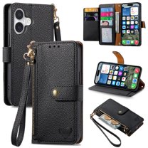 For iPhone 17 Leather Phone Case Wallet Zipper Pocket Pouch Folio Flip Cover Kickstand, Multi Anti-theft Card Holder Cash Slot, Double Magnetic Buckle, Wrist Lanyard,Black,For iPhone 17