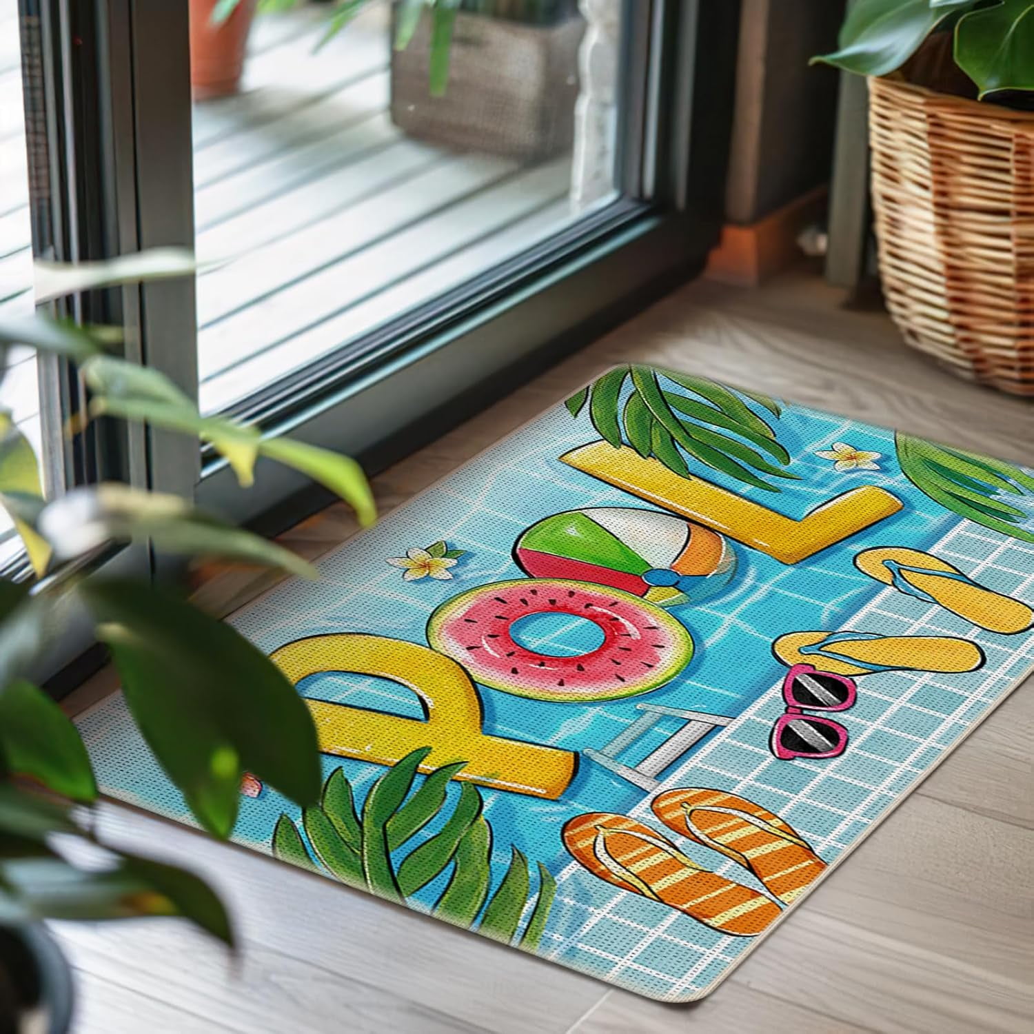 Summer Pool Welcome Front Door Mat, Swim Ring Ball Flip Flops Decorative Doormat Non-Slip Floor Entryway Rug, Spring Tropical Palm Leaves Indoor Outdoor Home Kitchen Decoration 17x29 Inches