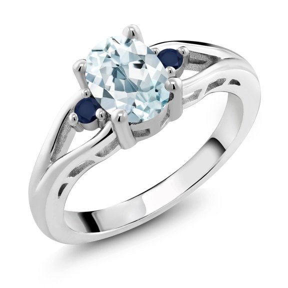 Gem Stone King 925 Sterling Silver Sky Blue Aquamarine and Blue Sapphire 3 Stone Engagement Ring for Women | 1.29 Cttw | Oval 8X6MM | Round 2MM | Gemstone March Birthstone | Size 9