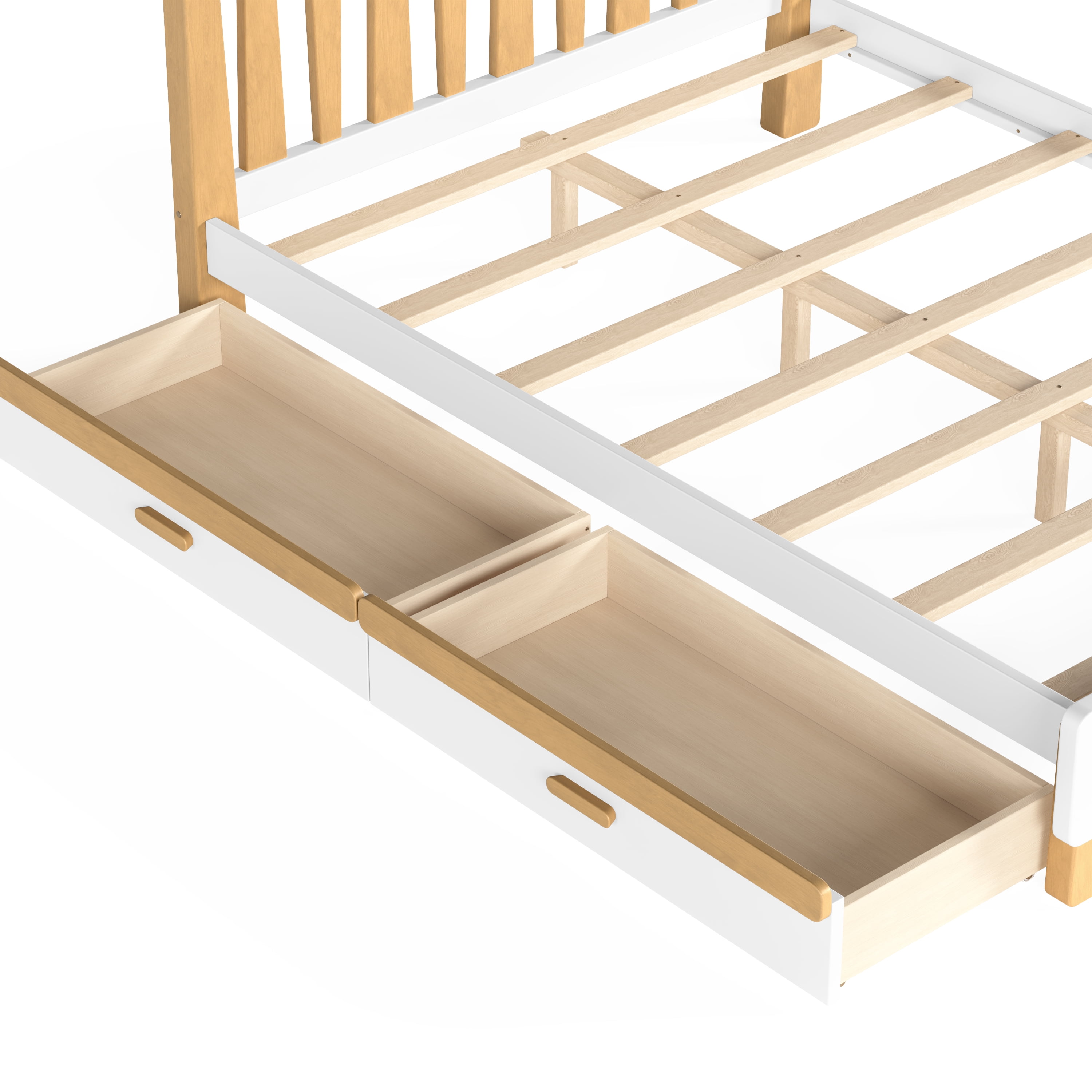 Platform Bed with Storage Drawer and Round Headboard, Full Solid Wood Bed Frame with No Box Spring Needed for Bedroom, White and Natural