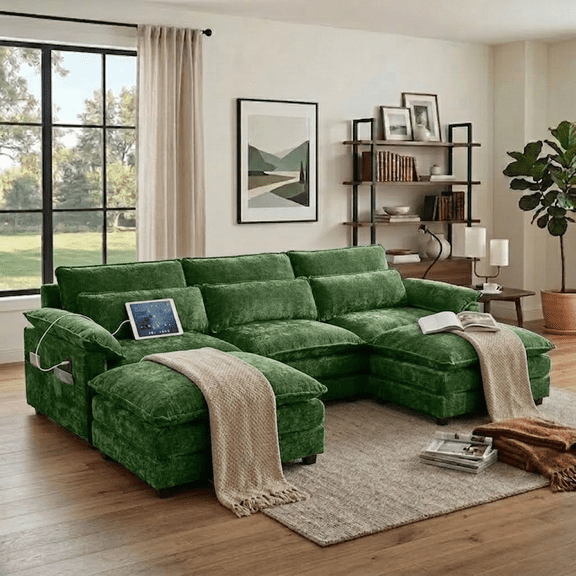 Howcool Cloud Couch Modular Sectional Sofa 3 Seat 113" U Shaped Convertible Couch Chenille Thick Cushion with Ottoman, Removable & Washable Cover for Living Room, Green