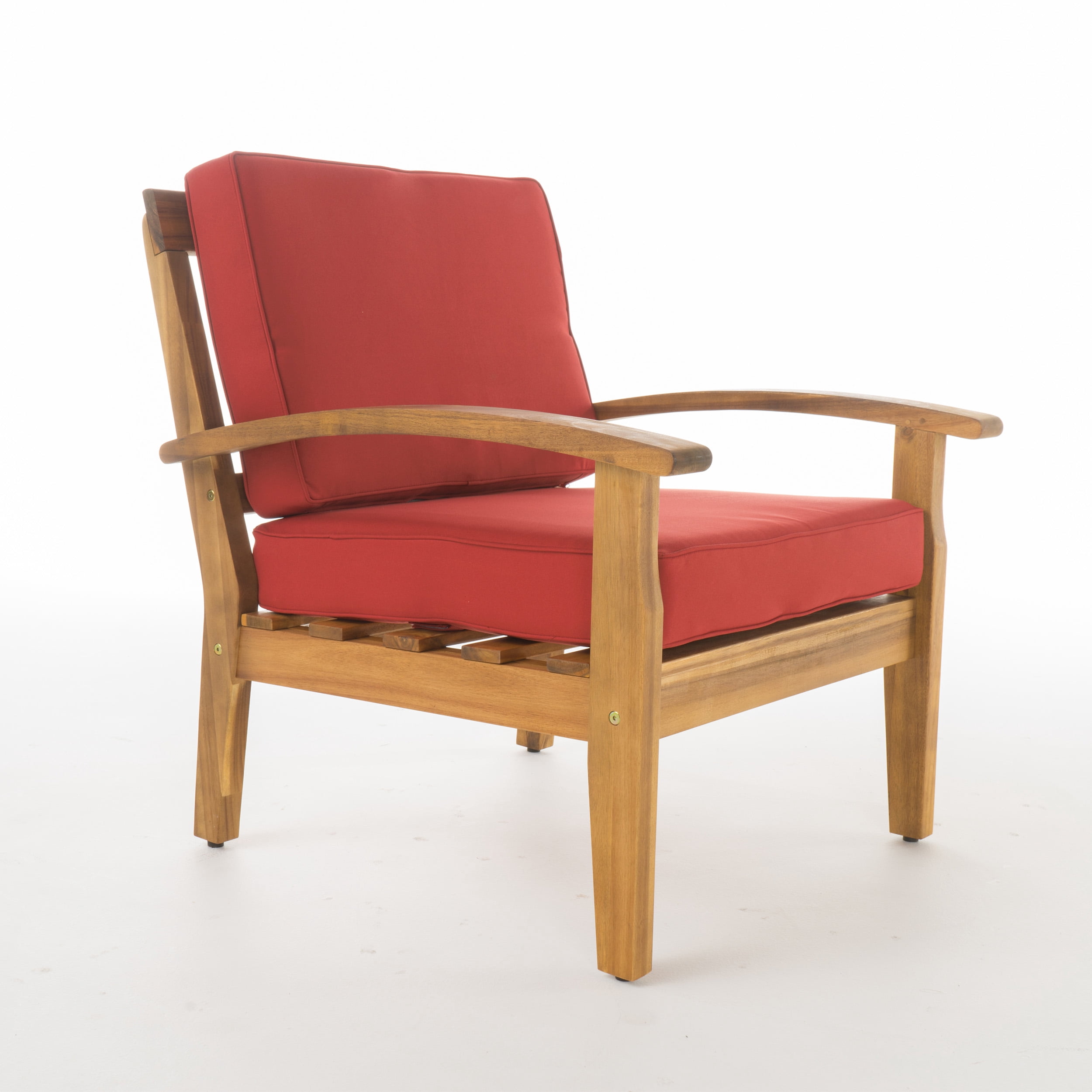 Aletta Outdoor Wooden Club Chairs with Cushions, Set of 4, Teak Finish, Red