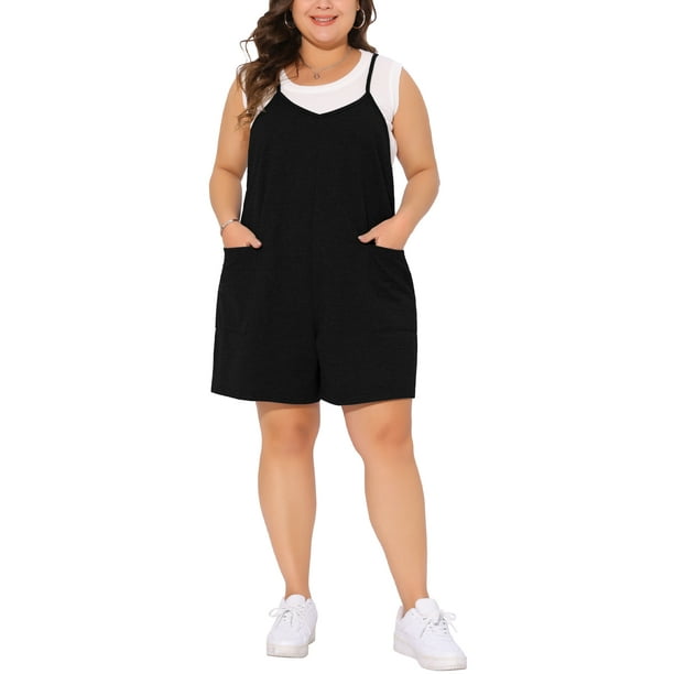 FAB CURVES Mono de Talla Grande para Mujeres 2025 Verano Casual Sin Mangas Tirantes Espagueti Pantalones Cortos Overalls Jumpsuit 1X Negro