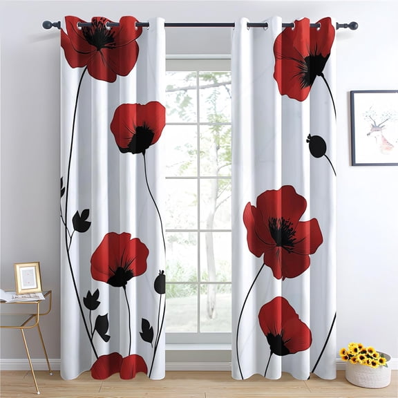 Poppy Blackout Curtains, Thermal Insulated Room Darkening Grommet Drapes for Bedroom and Living Room, Red Floral Window Curtains and Home Decor 42"W x 84"L (Pack of 2)