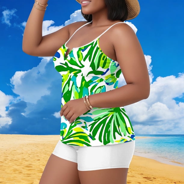 Traje de baño tankini de dos piezas para mujer, informal, de gran tamaño, de color liso, con parte superior dividida y acolchado en el pecho. Traje de baño tankini para mujer. Traje de baño de dos pie