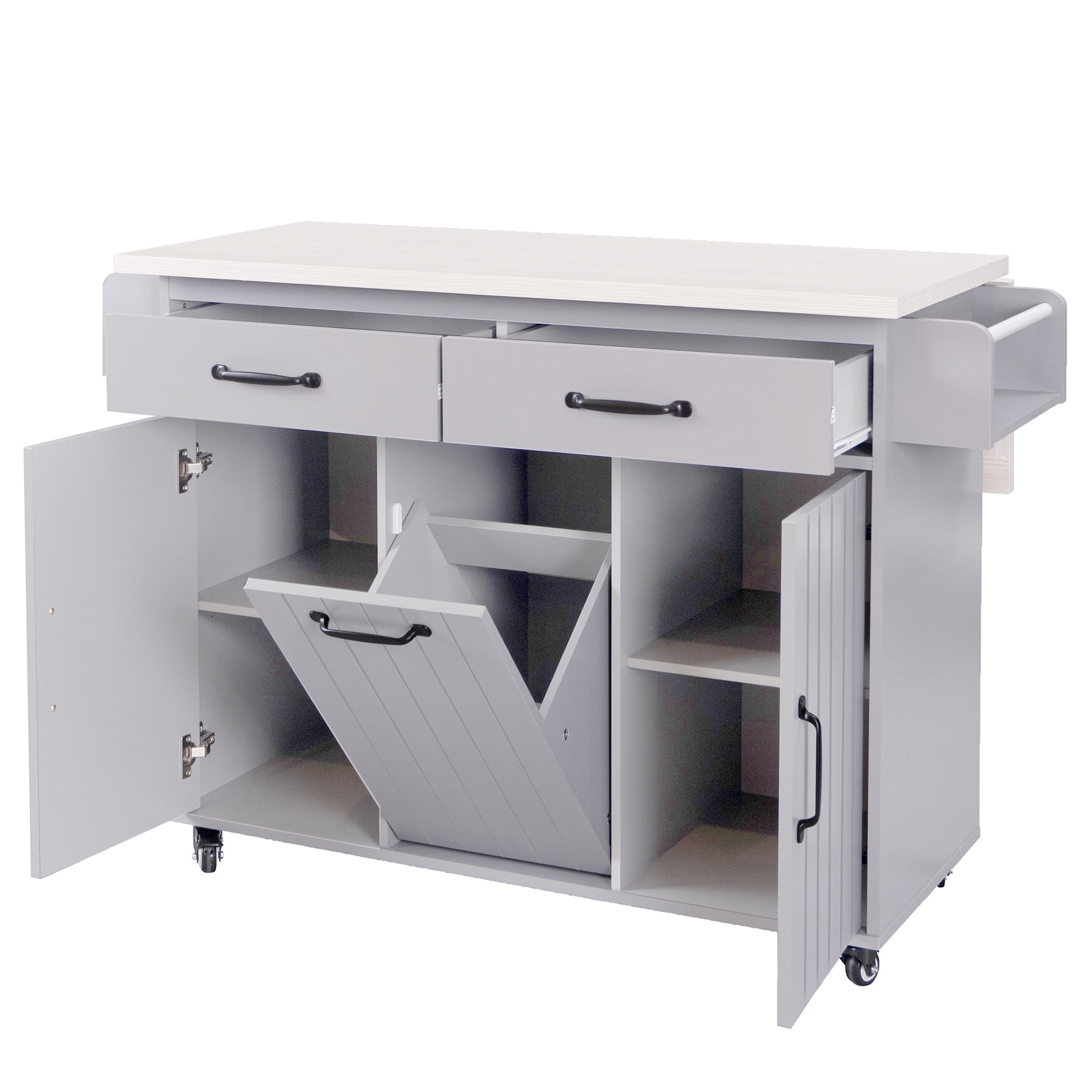EUROCO 500LBS Rolling Kitchen Island with 15 Gallon Storage Trash Can,Kitchen Cart Island with Drop Leaf,Tilt Out Kitchen Trash Cabinet with Spice Rack, Adjustable Shelf and Drawers,Grey