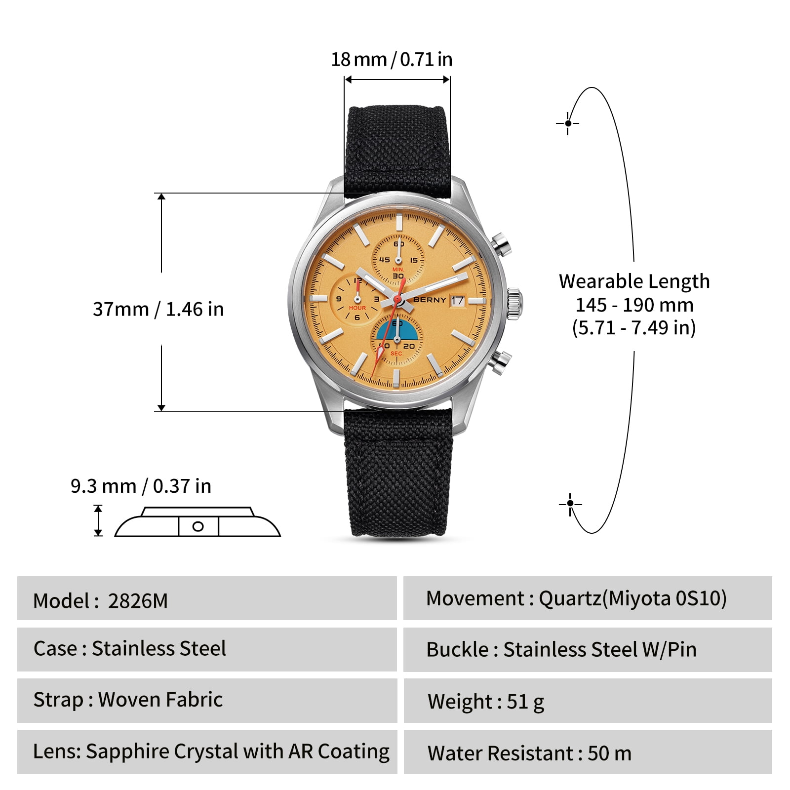 BERNY Mens Watches Analog Quartz Chronograph Watch with Date Canvas Strap Luminous Sapphire Crystal Luxury Fashion Business Casual 50M Waterproof Wrist Watches for Men (Orange)