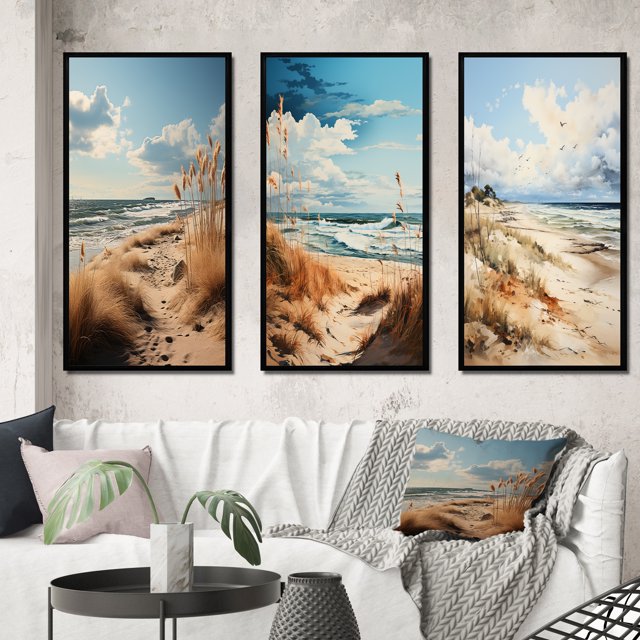 Designart "Beachside IV" Nautical & Beach Framed Wall Art Set Of 3 - Beige Beach Frame Gallery Set For Office Decor