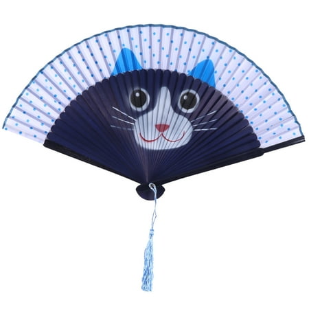 

Cat Folding Fan Cartoon Silk Surface Summer Fan Everyday Use Dots Printed Folding Fans for Home Office (Round Eyes Blue)