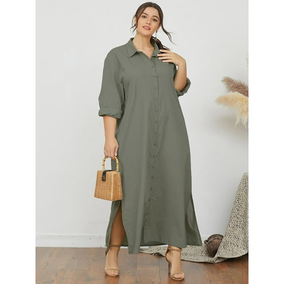 ZANZEA Womens Dresses Long Sleeve Split Hem Turn-Down-Collar Casual Dress