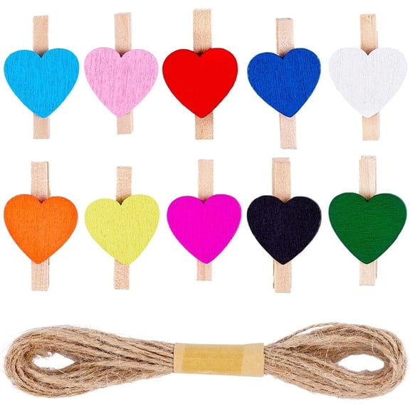80Pcs 10 Colors Wooden Clips Clothespins Colorful Mini Heart Clothes Pins Cute Clips Natural Wood with Jute Twine for Crafts Picture Memo Paper Hanging Wedding Party Photos Display Decoration