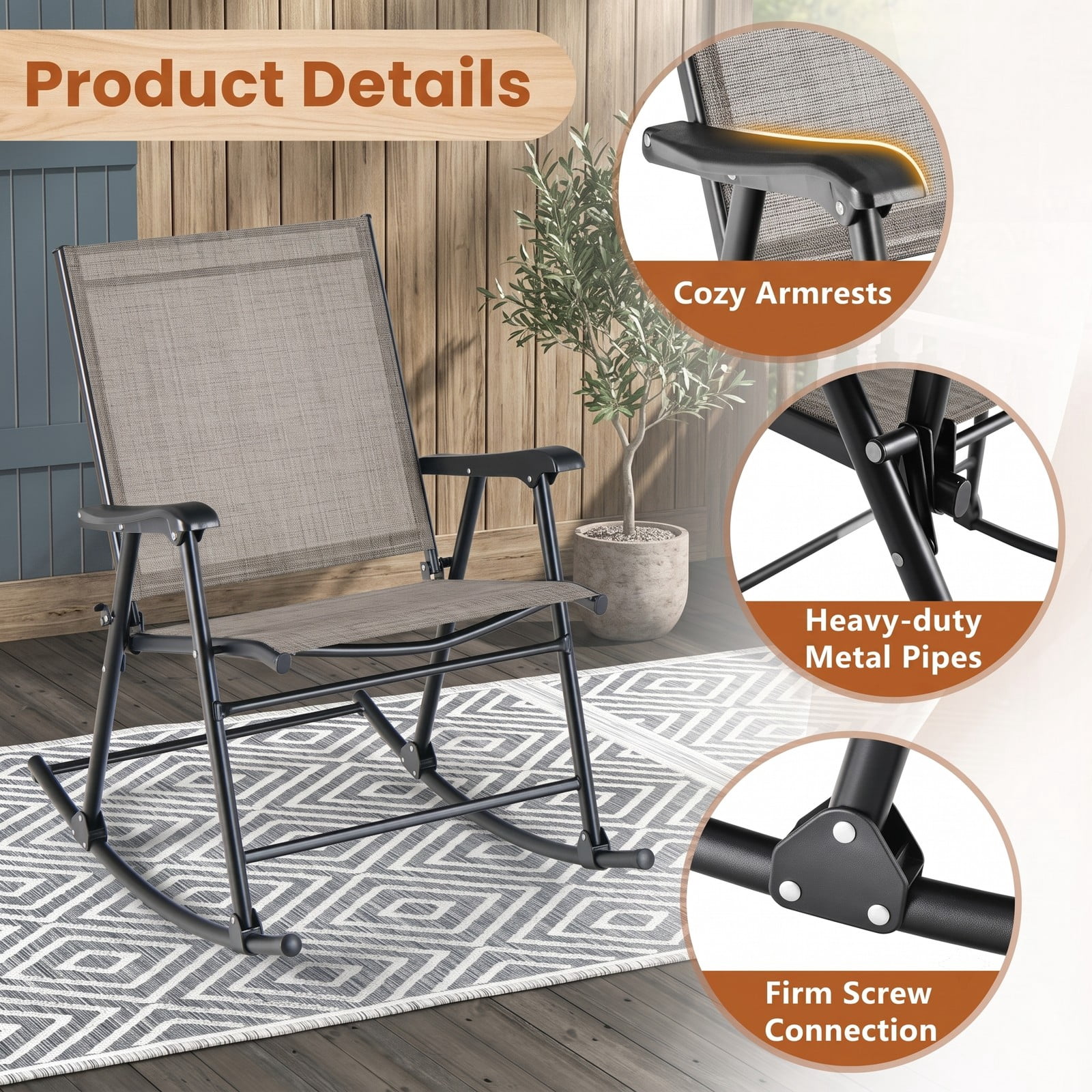 Furnibear Folding Rocking Chairs Set of 2 with Breathable Sling Seat and Heavy-Duty Metal Frame for Patio, Porch and Poolside, Brown