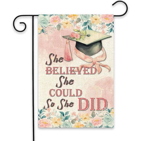 She Believed She Could So She Did Garden Flag Burlap Double Sided, Small Vertical Graduation Yard Flag for Class of 2026 Outdoor Home Decor, Pink Floral Flag for Girls Graduation Party