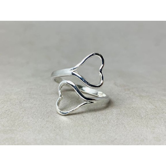 Heaven Crafts Double Open Heart Ring 925 Sterling Silver Handmade Adjustable Gift For Her