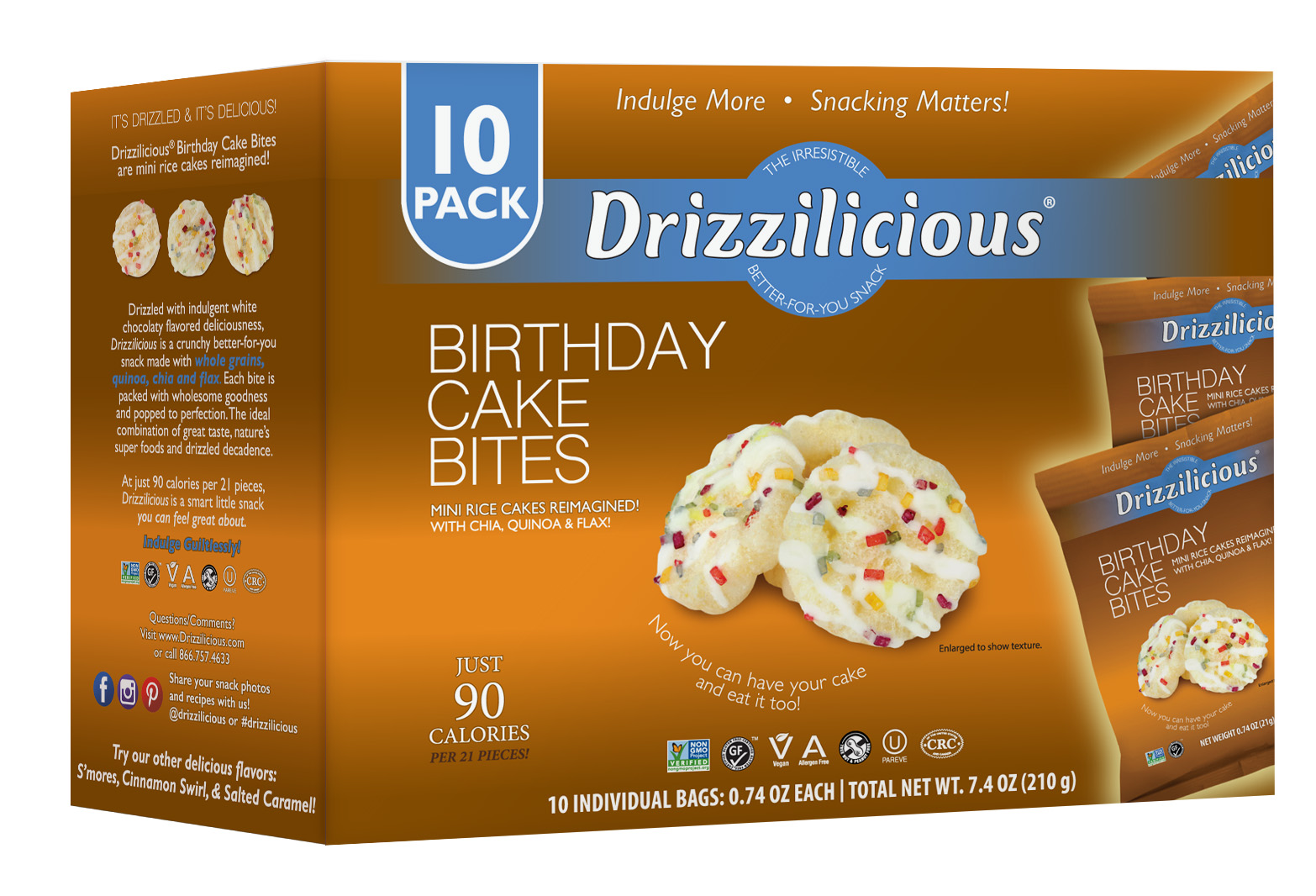 Drizzilicious Rice Cake Treats, .74oz 10 Pack. Birthday Cake Flavor