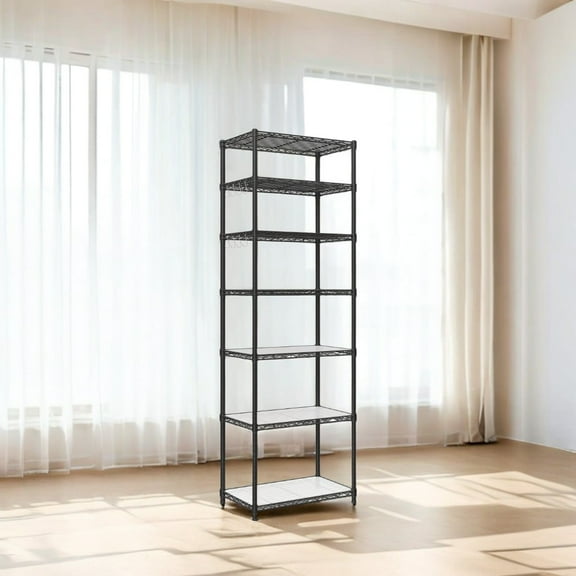 7-Tier Wire Shelving Unit - Kitchen Metal Shelves Storage Rack with Adjustable Shelves, Shelf Liners, 8 Hooks, 13.4 x 23.2 x 70.9 Inches, Black