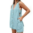 thumbnail image 4 of Aueoeo Womens Summer Outfits 2 Piece Vacation Short Sets Linen Button Up Matching Sets Vests and Lightweight Shorts Sets, 4 of 8