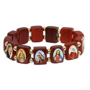 Elasticated Wooden Small Square Catholic Saints Bracelet by Catholica Shop, Assorted Catholic Images, 2.5 Inch