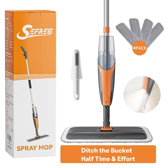 SEFREG Spray Mop for Multi-Surface Heavy-Duty Cleaning with 4 Washable Microfiber Pads,Refillable Bottle,Functional Scraper,360°Rotating Head,One-Handed Operation,Wet/Dry Use,Rust-proof Aluminum Pole