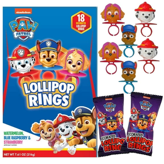 Paw Patrol Lollipop Party Favor Rings, Character Shaped Candy, Assorted Fruit Flavors, Pack of 18