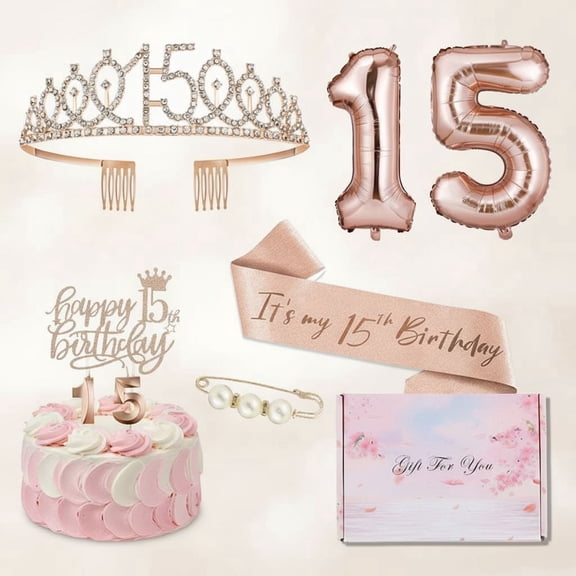 15th Birthday Decorations for Girls,Number Candles and Balloons, 15th Birthday Sash and Crown, Cake Topper, 15 Year Old Gifts for Girls