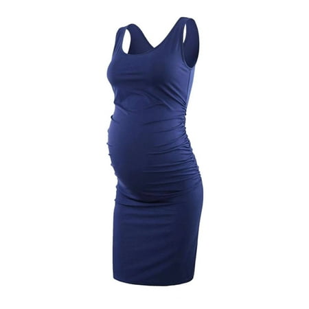 

DAETIROS Breathable Soft Solid Daily Nursing Street Trend Sleeveless Pregnant Women Dress Blue