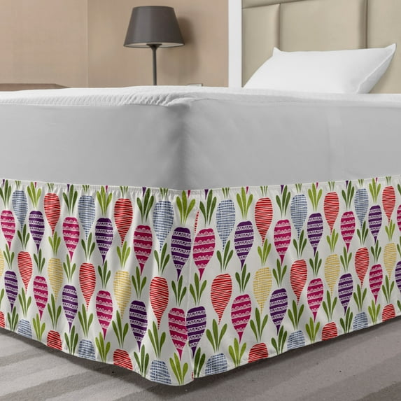 Turnips Bed Skirt, Doodle Style Hand Drawn Veggies Stripes Waves or Zigzags Organic Foods Print, Elastic Bedskirt Dust Ruffle Wrap Around for Bedding Decor, 4 Sizes, Ivory Multicolor, by Ambesonne