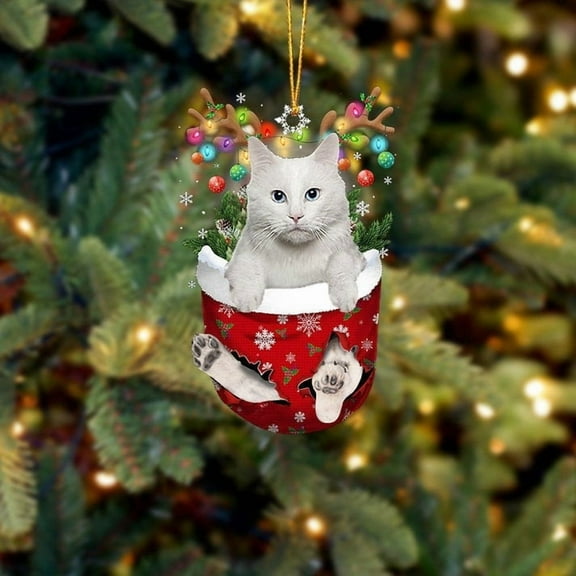 Acrylic 2D FLAT - Funny White Cat In Snow Pocket Christmas Ornament Flat Acrylic Cat Ornament 4 - Holiday Tree Decoration
