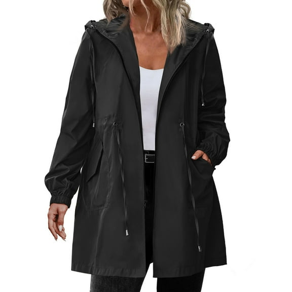 Duoif Rain Jacket Women, Women's Rain Jacket Plus Size Long Raincoat Lightweight Windbreaker Jackets with Pockets Jackets for Women Black L