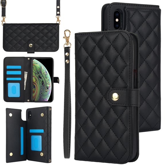 Allytechgroup Wallet Case for iPhone XR with Credit Card Slot, RFID Blocking PU Leather Case with Lanyard & Shoulder Strap & Kickstand Shockproof Bumper for Women Men, Black