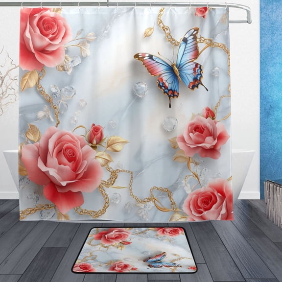 BZSMCE Shower Curtain and Bath Accessory Set,Butterfly Among Blushing Roses Pattern