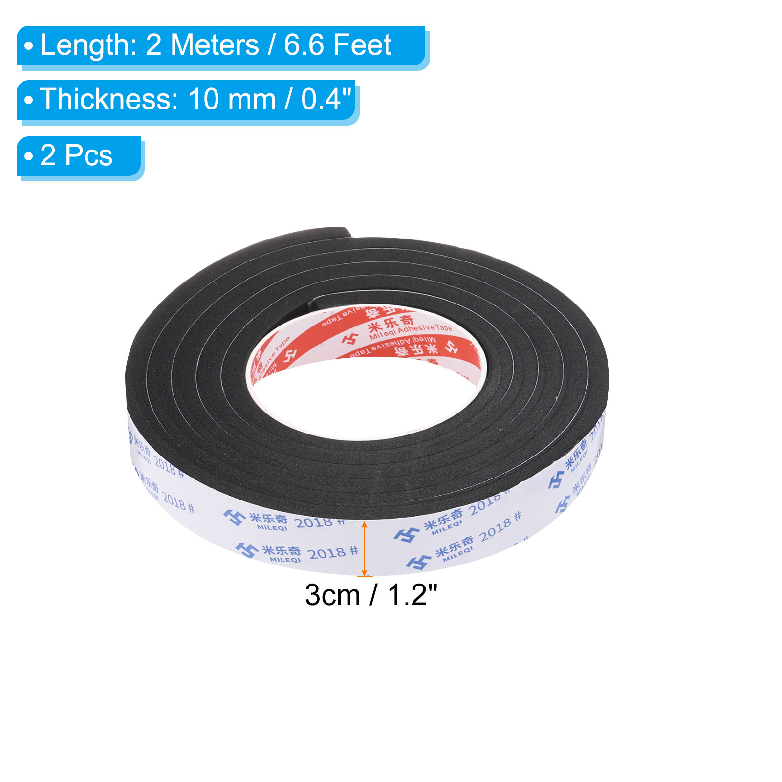 REGALWOVEN 2m/6.6ft Sealing Foam Tape 3cm Wide 10mm Thick Single Sided Weather Stripping Door Seal Strip Black, 2Roll