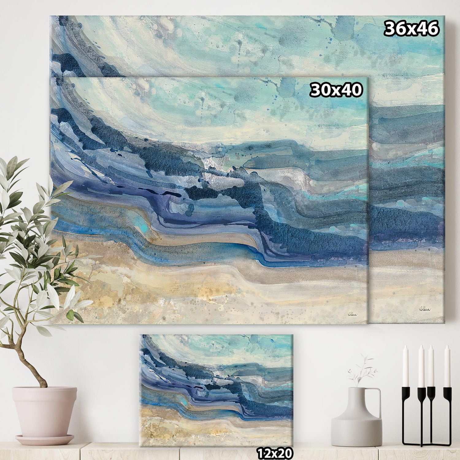 Designart Coast Blue Sea Waves Watercolour Canvas Wall Art