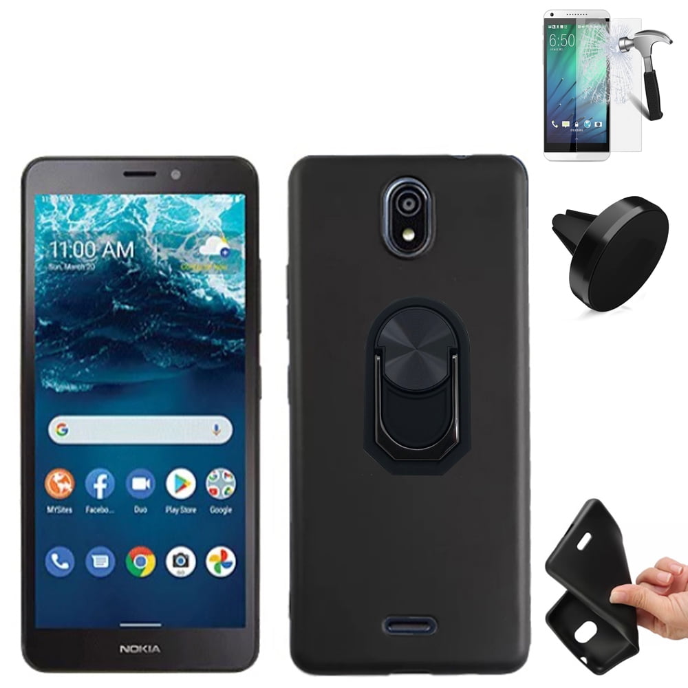 For Nokia C100 Case with Screen Protector, Ring Stand, Car Mount (Gel Black +Tempered Glass +2in1Ring +Car Mount)