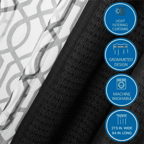 Mainstays Kingswood Solid and Printed Sheer Grommet Curtain Panel Set, 4 Piece, Black, 27.5" W x 84" L