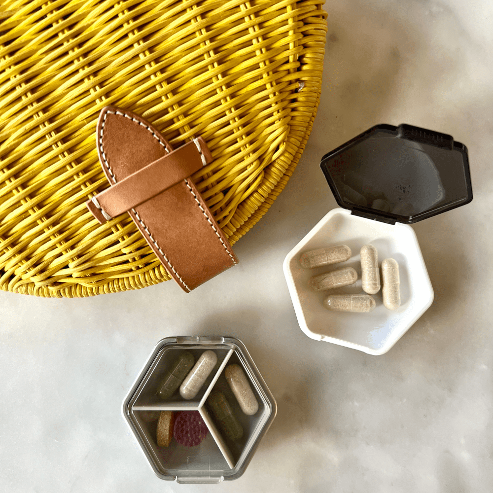 Petite Pillbox | Set of 2 | Pocket Sized Travel Pill Organizer by Mimi Medcessories | Blanc and Platinum