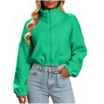 thumbnail image 2 of XRoczxe Women Stand Collar Full Zip Fleece Cropped Jacket Drawstring Hem Drop Shoulder Long Sleeve Casual Warm Polar Fleece Outerwear Multiple Solid Colors Mint Green, 2 of 6
