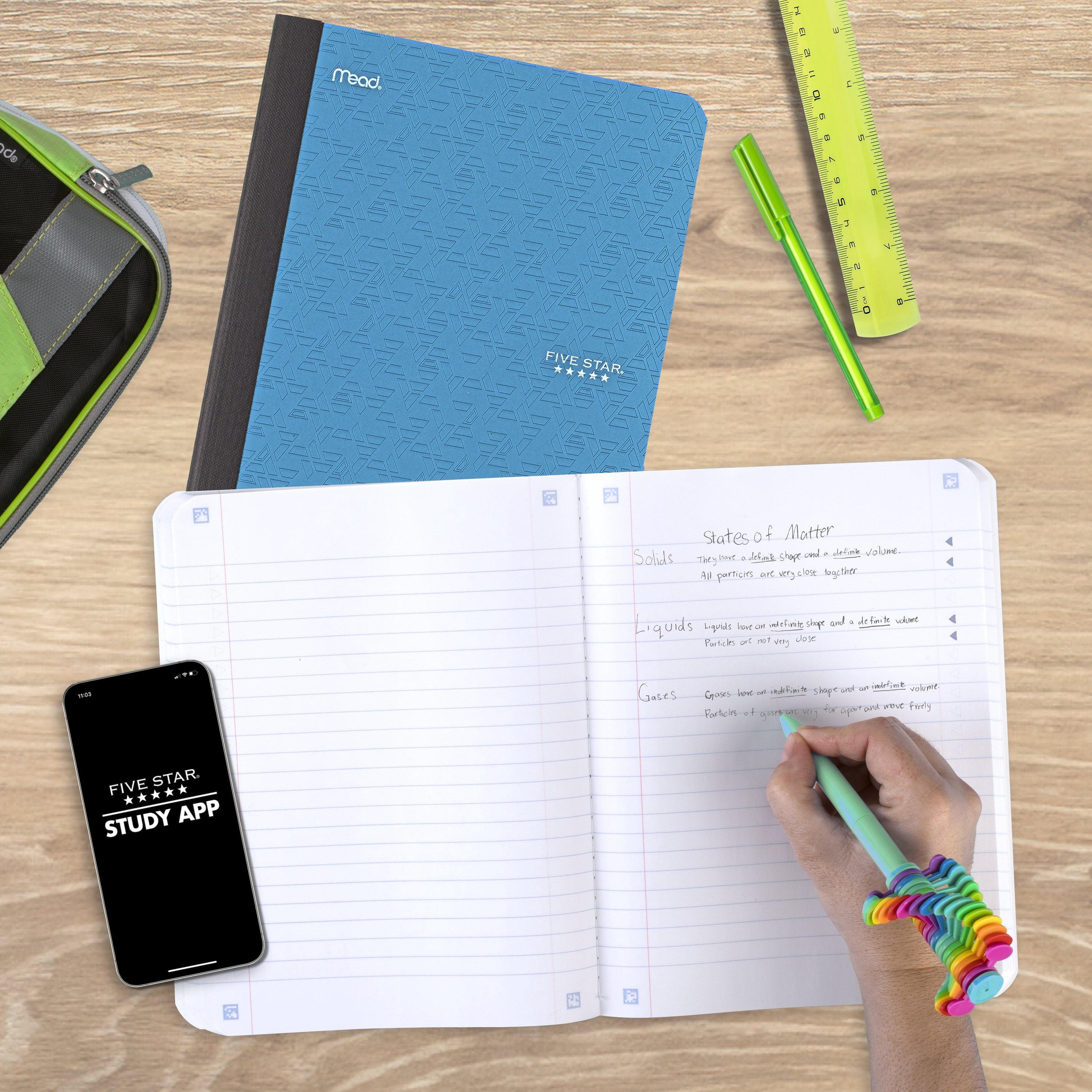 (2 pack) Five Star Composition Book Plus Study App, Wide Ruled, 80 Sheets, 7.5" x 9.75", Tidewater Blue