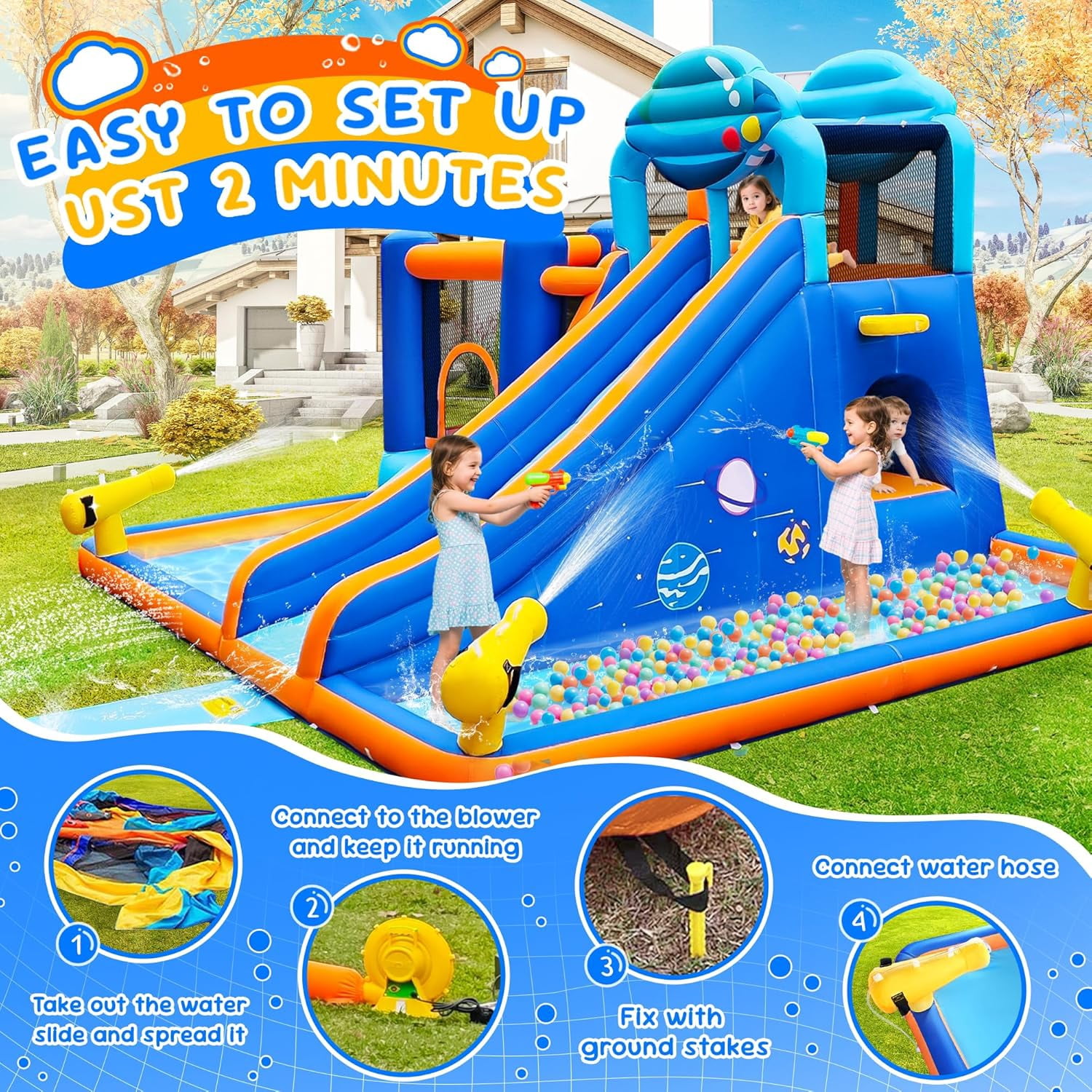 Cuoote Inflatable Water Slide for Kids, 2 Min Blow Up 10 in 1 Giant Water Park for Backyard Outdoor with Large Slide, Pool, Tunnel, Bounce House, Basketball Hoop, Climbing Wall, Air Blower