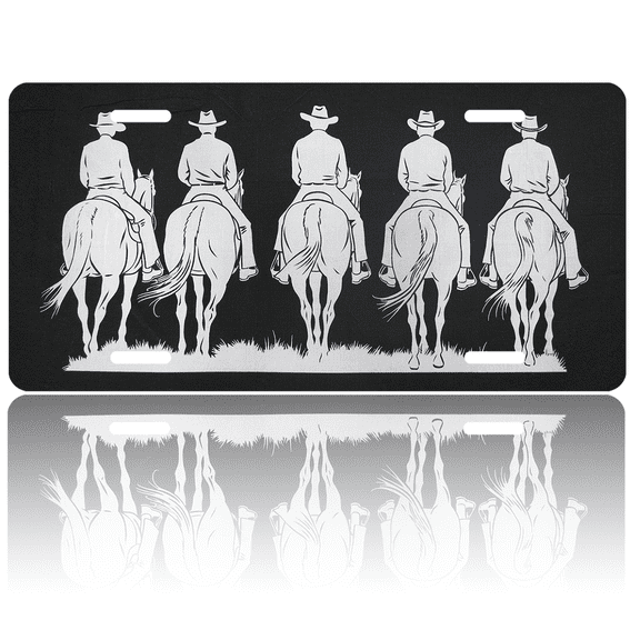 1 Pcs 2D Flat License Plate Covers & Frames, Five Cowboys Riding For Decorative Front, Waterproof For Decoration Aluminum License Plate Covers & Frames Cover For Men Women, 12" X 6"