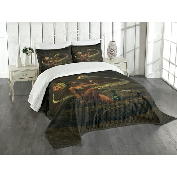 Ambesonne Fantasy Quilted Bedspread Set 3 Pcs, Mystery Girl Huge Snake, Queen Size, Green Brown Cinnamon