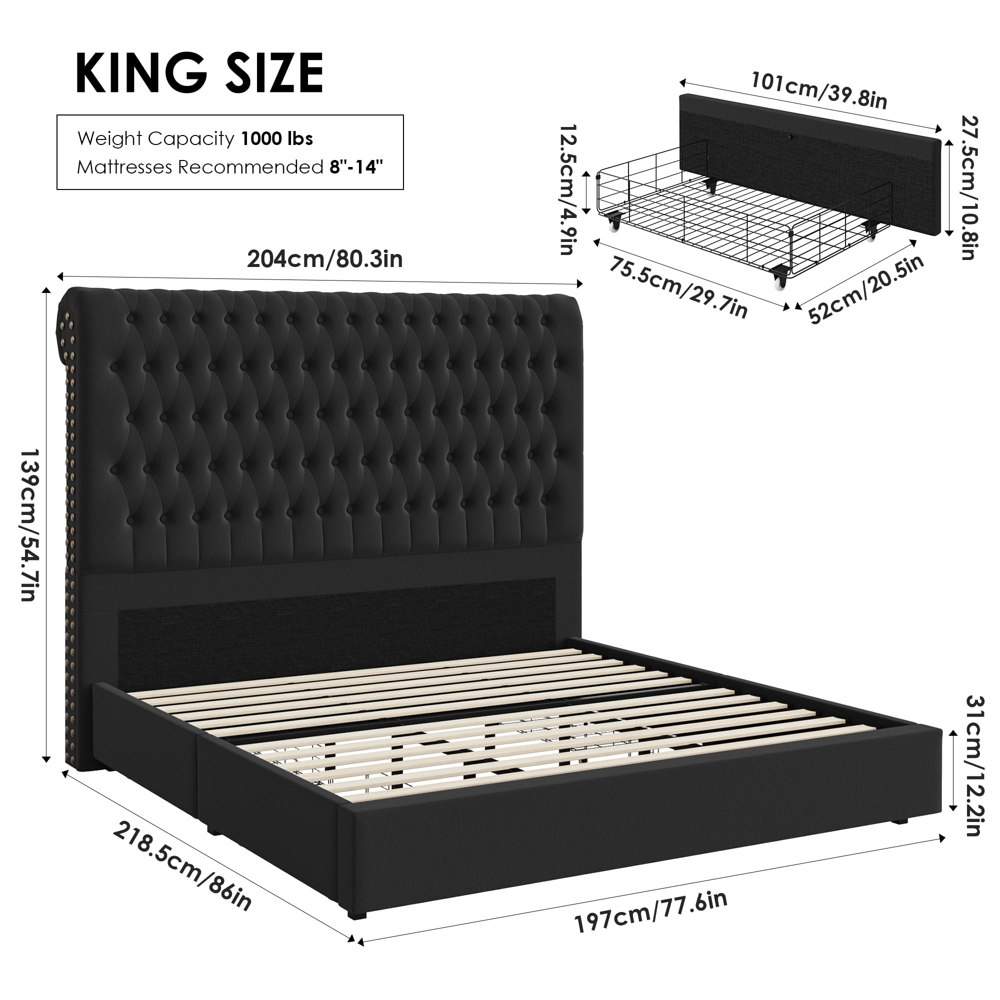 Homfa 54.7" Tall Headboard Bed Frame, King Size Storage Bed with Tall Headboard, Tall Upholstered Bed with Footboard and Drawers, Black