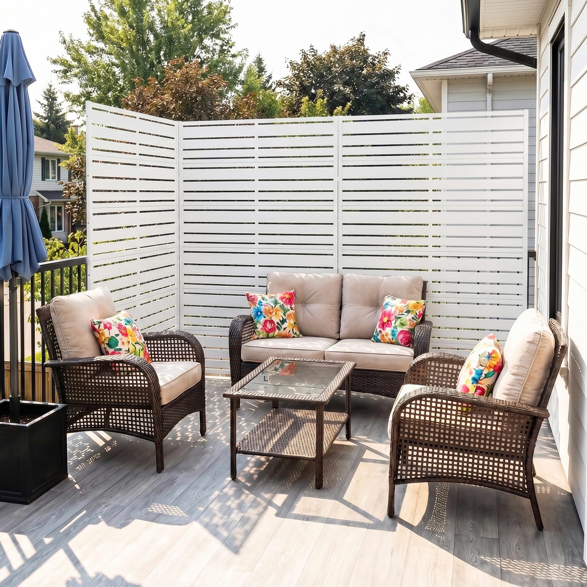 MAYEERTY 2-Piece 72"x47" Privacy Screen, White 6-Panel Galvanized Steel Louvered Fence, Wide-1 Narrow-2 Style, Freestanding for Patio Backyard